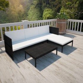 Set de muebles de jardín y cojines 3 pzas ratán sintético negro