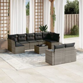 Set de sofás de jardín 10 pzas con cojines ratán sintético gris Set de sofás de jardín 10 pzas con cojines ratán sintético gris