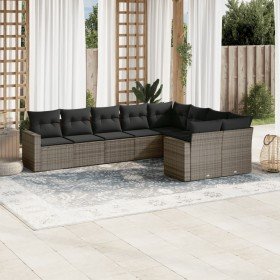 Set de muebles de jardín 9 pzas y cojines ratán sintético gris Set de muebles de jardín 9 pzas y cojines ratán sintético gris