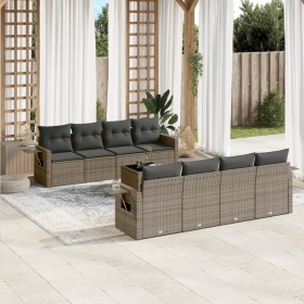 Set de muebles de jardín 9 pzas y cojines ratán sintético gris