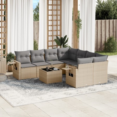 Set de sofás de jardín 9 pzas con cojines ratán sintético beige