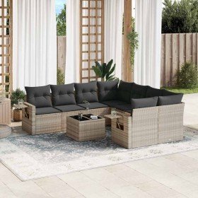 Set muebles jardín 9 pzas y cojines ratán sintético gris claro