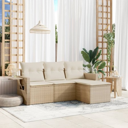 Juego de sofás jardín con cojines 4 pzas ratán sintético beige