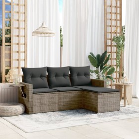 Set de sofás de jardín 4 pzas y cojines ratán sintético gris