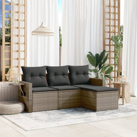 Set de sofás de jardín 4 pzas y cojines ratán sintético gris