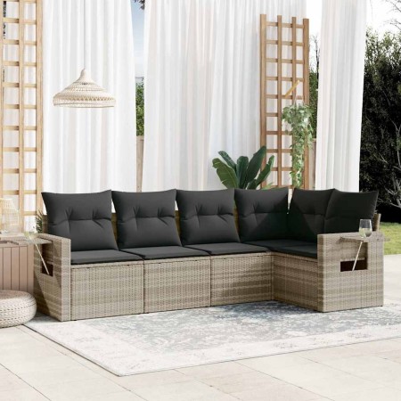 Set de sofás jardín y cojines 5 pzas ratán sintético gris claro