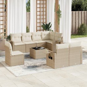 Set de sofás de jardín 9 pzas con cojines ratán sintético beige Set de sofás de jardín 9 pzas con cojines ratán sintético beige