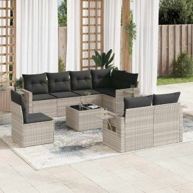 Set muebles jardín 9 pzas y cojines ratán sintético gris claro