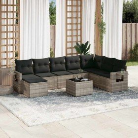 Set muebles jardín 9 pzas y cojines ratán sintético gris claro