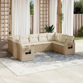 Set de sofás de jardín 9 pzas con cojines ratán sintético beige