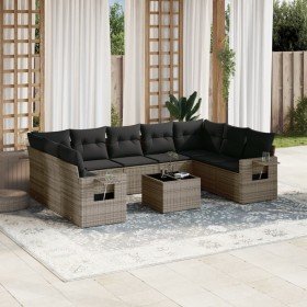 Set de sofás de jardín 10 pzas con cojines ratán sintético gris Set de sofás de jardín 10 pzas con cojines ratán sintético gris