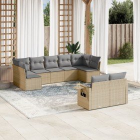 Set de sofás de jardín 9 pzas con cojines ratán sintético beige Set de sofás de jardín 9 pzas con cojines ratán sintético beige
