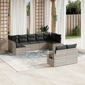 Set muebles jardín 9 pzas y cojines ratán sintético gris claro