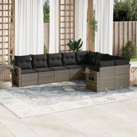 Set de muebles de jardín 9 pzas y cojines ratán sintético gris