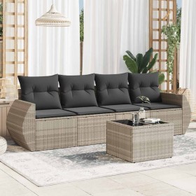 Set de sofás jardín y cojines 5 pzas ratán sintético gris claro
