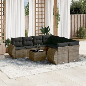 Set de muebles de jardín 9 pzas y cojines ratán sintético gris