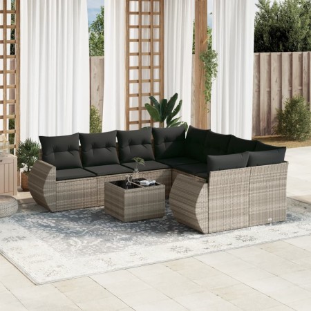 Set muebles jardín 9 pzas y cojines ratán sintético gris claro