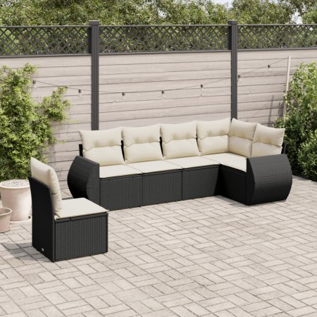 Set de sofás de jardín 6 piezas y cojines ratán sintético negro