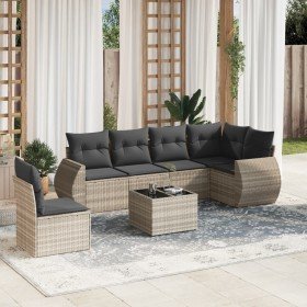 Set de sofás de jardín 7 pzas con cojines ratán PE gris claro Set de sofás de jardín 7 pzas con cojines ratán PE gris claro