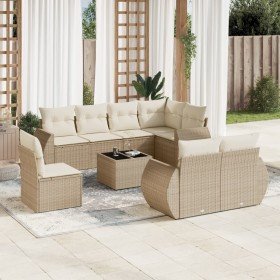 Set de sofás de jardín 9 pzas con cojines ratán sintético beige Set de sofás de jardín 9 pzas con cojines ratán sintético beige