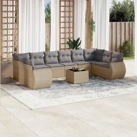 Set de sofás de jardín 11pzas con cojines ratán sintético beige Set de sofás de jardín 11pzas con cojines ratán sintético beige