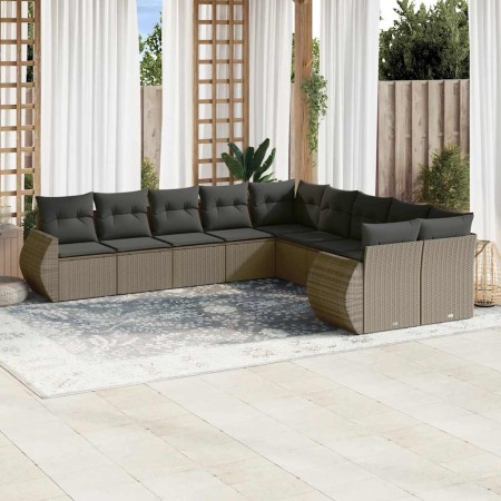 Set sofás jardín 10 pzas con cojines ratán sintético gris claro