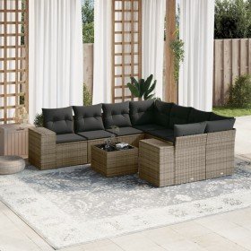 Set de muebles de jardín 9 pzas y cojines ratán sintético gris Set de muebles de jardín 9 pzas y cojines ratán sintético gris