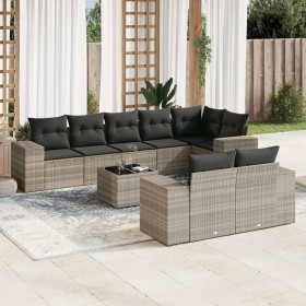Set muebles jardín 9 pzas y cojines ratán sintético gris claro