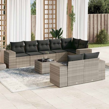 Set muebles jardín 9 pzas y cojines ratán sintético gris claro
