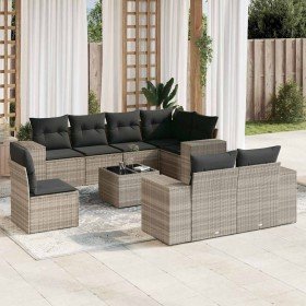 Set muebles jardín 9 pzas y cojines ratán sintético gris claro