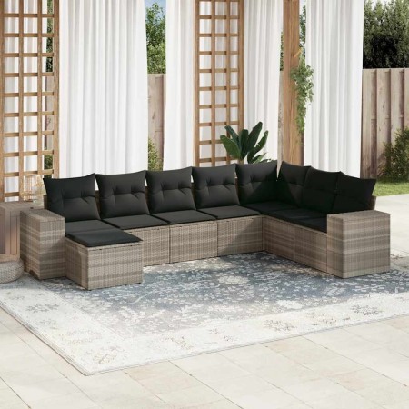 Set de sofás de jardín 8 pzas y cojines ratán sintético gris