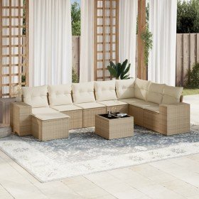 Set de sofás de jardín 9 pzas con cojines ratán sintético beige