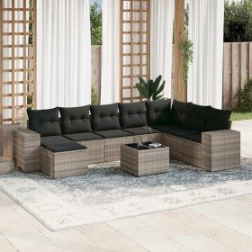 Set muebles jardín 9 pzas y cojines ratán sintético gris claro en Conjuntos de jardín | Comprar online en Foro24