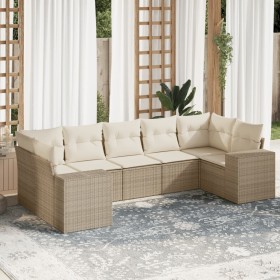 Set sofás de jardín 7 piezas y cojines ratán sintético beige