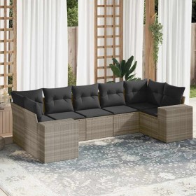 Set de sofás de jardín 7 pzas con cojines ratán PE gris claro