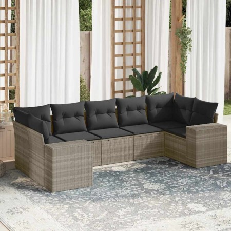 Set de sofás de jardín 7 pzas con cojines ratán PE gris claro