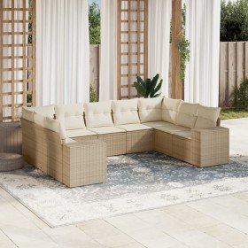 Set de sofás de jardín 9 pzas con cojines ratán sintético beige Set de sofás de jardín 9 pzas con cojines ratán sintético beige