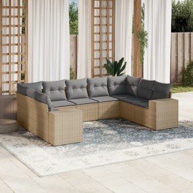 Set de sofás de jardín 9 pzas con cojines ratán sintético beige Set de sofás de jardín 9 pzas con cojines ratán sintético beige