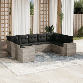 Set muebles jardín 9 pzas y cojines ratán sintético gris claro