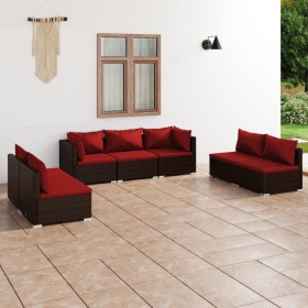 Set muebles de jardín 7 piezas y cojines ratán sintético marrón