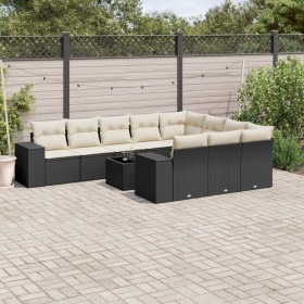 Set de sofás de jardín 11 pzas y cojines ratán sintético negro