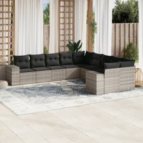 Set sofás jardín 10 pzas con cojines ratán sintético gris claro