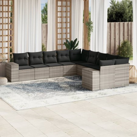 Set sofás jardín 10 pzas con cojines ratán sintético gris claro
