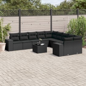 Set de sofás de jardín 11 pzas y cojines ratán sintético negro