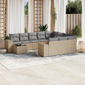Set de sofás de jardín 11pzas con cojines ratán sintético beige
