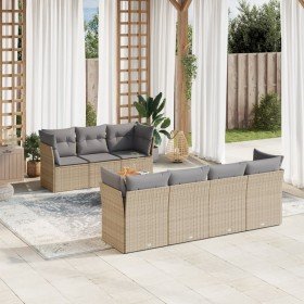 Set de sofás de jardín y cojines 8 pzas ratán PE beige mezcla
