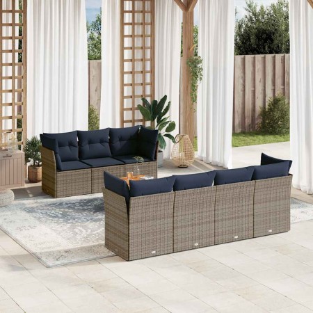 Set de sofás de jardín y cojines 8 piezas ratán sintético gris