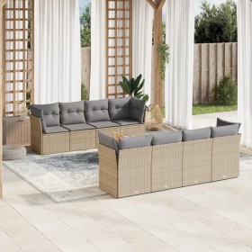 Juego de sofás jardín con cojines beige mezcla 9 pzas ratán PE