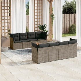 Set de muebles de jardín 9 pzas y cojines ratán sintético gris