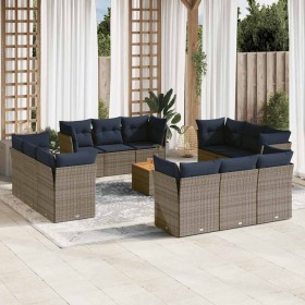 Set sofás de jardín con cojines 13 piezas ratán sintético gris